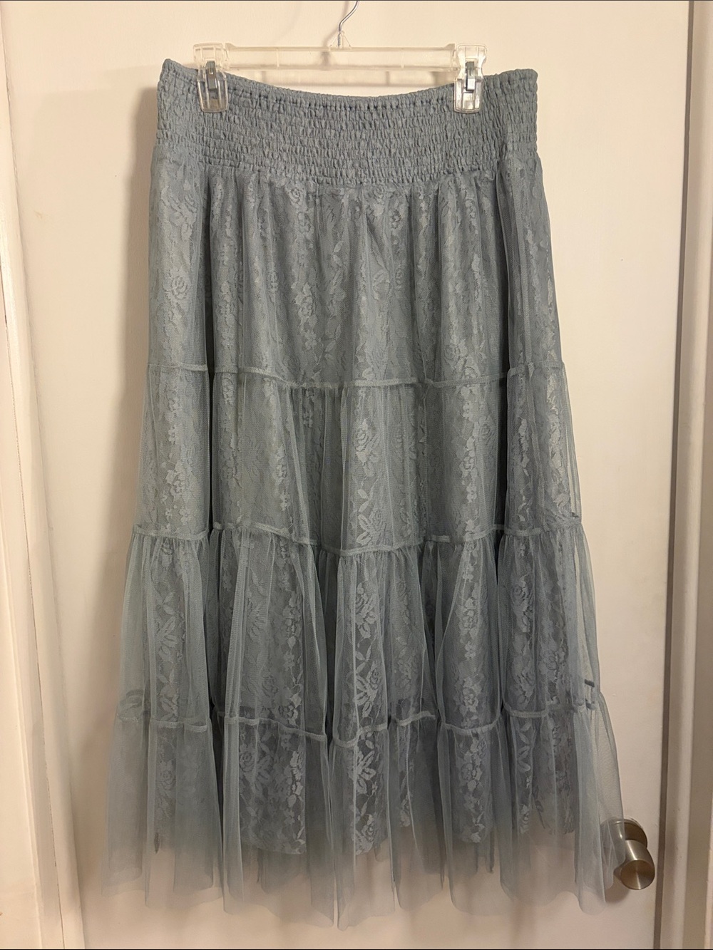 easel Dusty Blue Lace Tiered Maxi Skirt LARGE NWOT